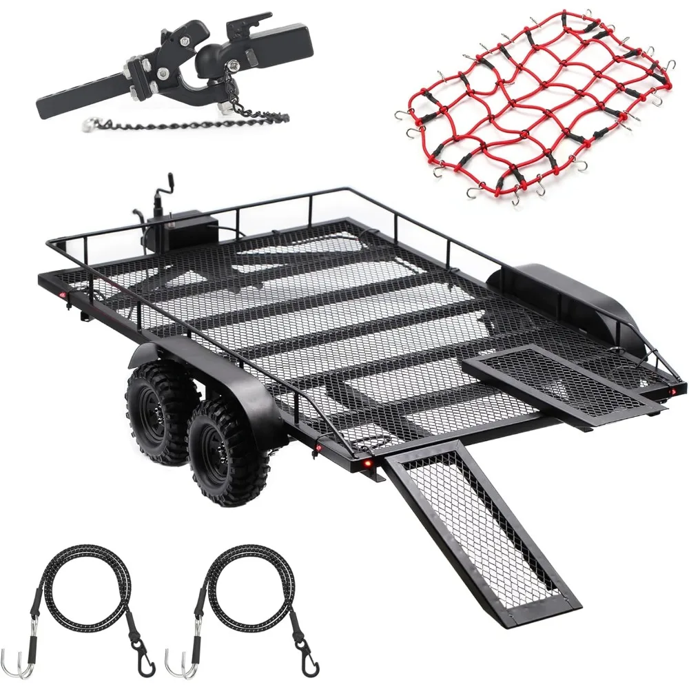 AMK Metal 1/10 RC Trailer with Truck Hitch & Receiver, Crawler Towing Strap Kit for Axial SCX10, TRX4/TRX6, Gen7, Gen8 RC Cars