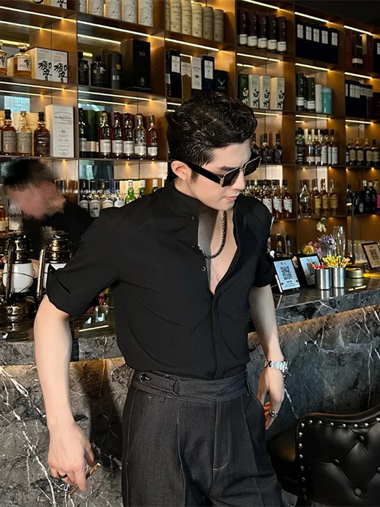 

High-End Bla Stand Collar ort Sve Men's irt Summer Ice Silk Trendy Brand Design f Sve irt Breathable Thin