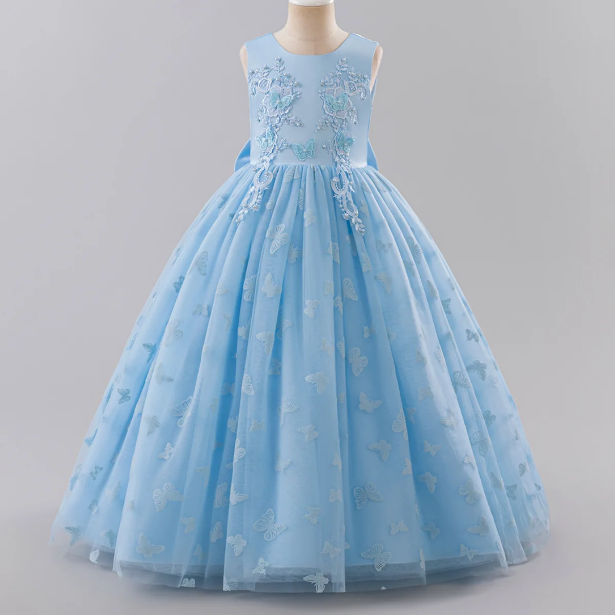 فستان الأميرة الشبكي الجديد للفتيات ذو الفراشة الطويلة بلون سادة بدون أكمام، فستان سهرة لأداء البيانو لفتاة الزهور