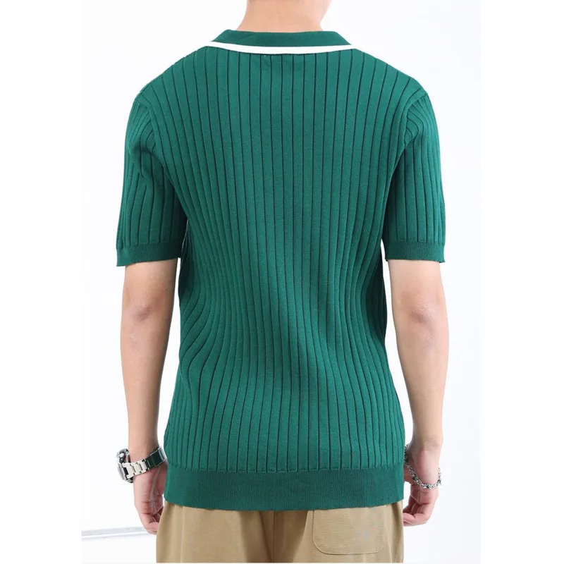 2025 الرجال الصيف موضة تنوعا الراقية قميص بولو الحرير الجليد عادية مخطط الخامس الرقبة الأعمال متماسكة قصيرة الأكمام تي شيرت #5