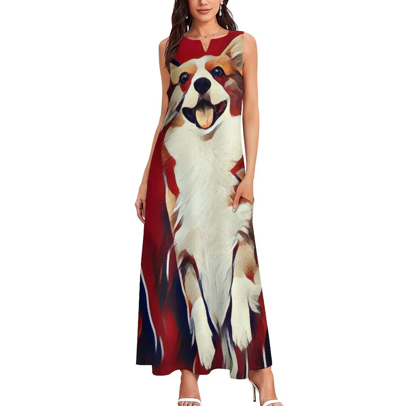 Happy Corgi Standing Up on Hind Legs Red Pop Art Long Dress Dresses dress party evening elegant luxury celebrity