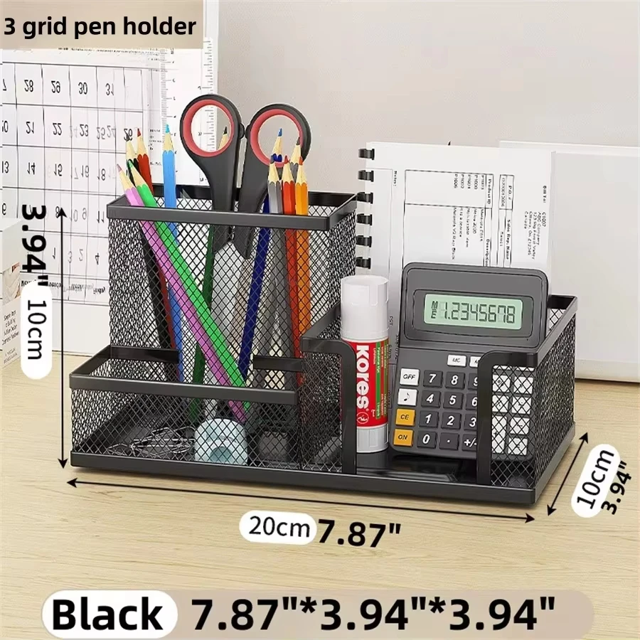 Organizador de mesa de malha, material de escritório, caddy com suporte de lápis e cestas de armazenamento para acessórios de mesa, 3 compartimentos, preto