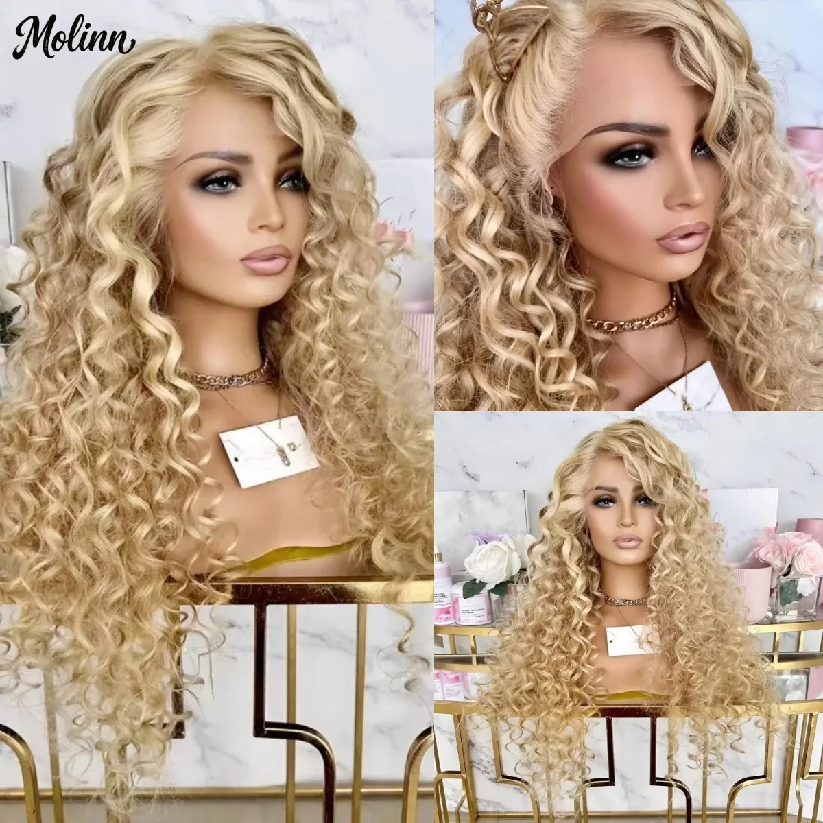 

Honey Blonde Curly Wig13x4 HD Deep Wave Lace Frontal Wig Synthetic Heat Resistant Dirty Blonde Daily Natural Hairline for Women
