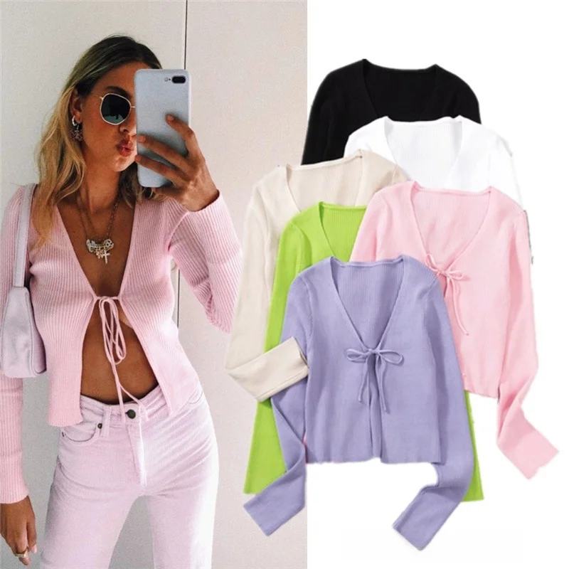 

Sexy V-ne Long Sve Knitted Cardigan Thin Sweater Street Sle ort Length Single Belted Slim Fit Pure Color Open Cardigan