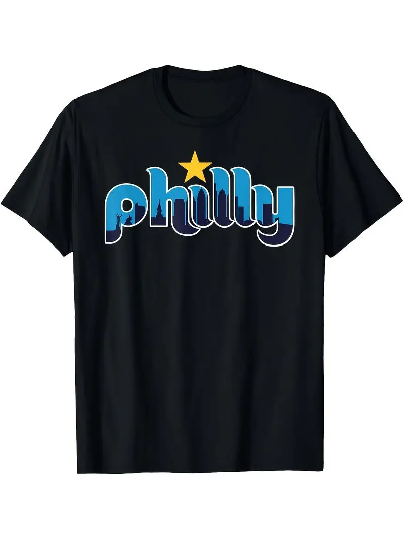 Men's Vintage Philly City Lover T-Shirt Heavyweight Crew Neck Philadelphia Skyline Bell Philly Logo Print Casual Fit All Season