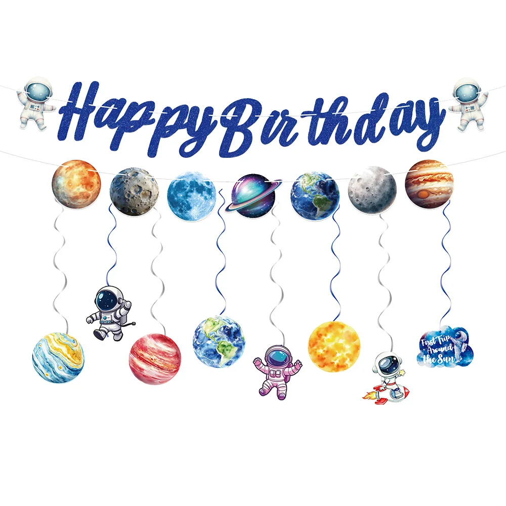 Universo espacio planeta astronauta fiesta Banner guirnalda colgante remolinos decoración niños espacio exterior astronauta decoración de cumpleaños Banner