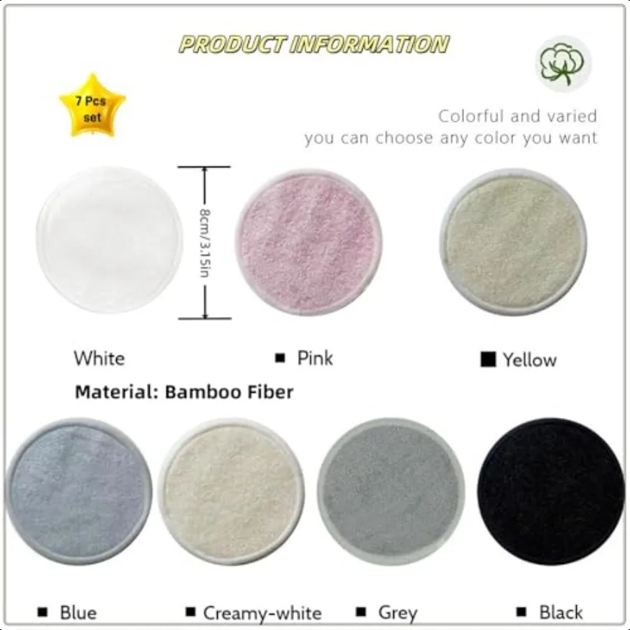 Reusable Makeup Remover Pads 7 Pcs Soft Cotton Rounds for Face with Friendly Bamboo Fiber Washable Makeup Remover Cloth for All