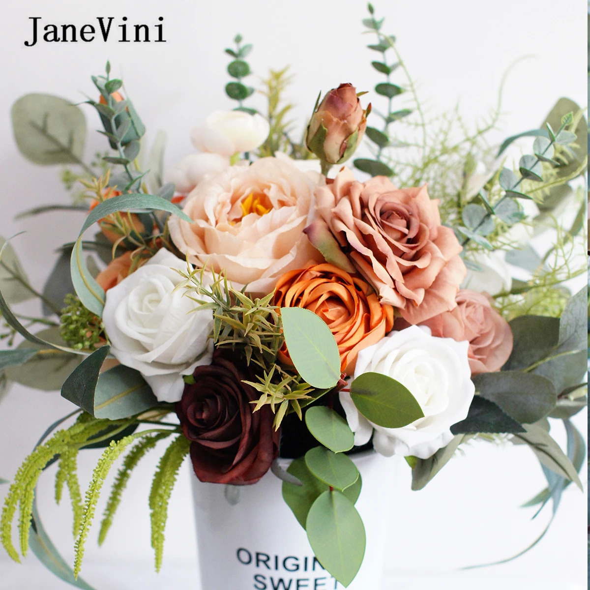 JaneVini-ramos De rosas De café Vintage para boda, flores artificiales De champán De seda, ramo falso para Novia al aire libre, Accesorios De Novia