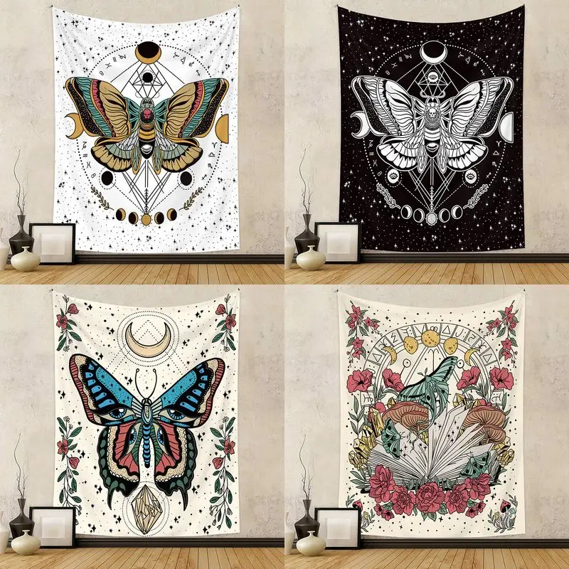 VIKAMA Butterfly Moth Tapestry Moon Phase Celestial Floral Astrological Wall Hanging Wall Decor for Bedroom Dorm Room Gift