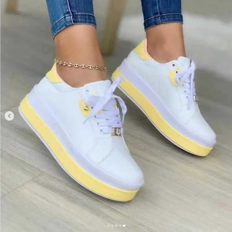 Women\'s Vulcanized Shoes Sports Shoes New Outdoor Platform Shoes Female Casual PU Fashion Lace-Up Sneakers Women Wedge Flats