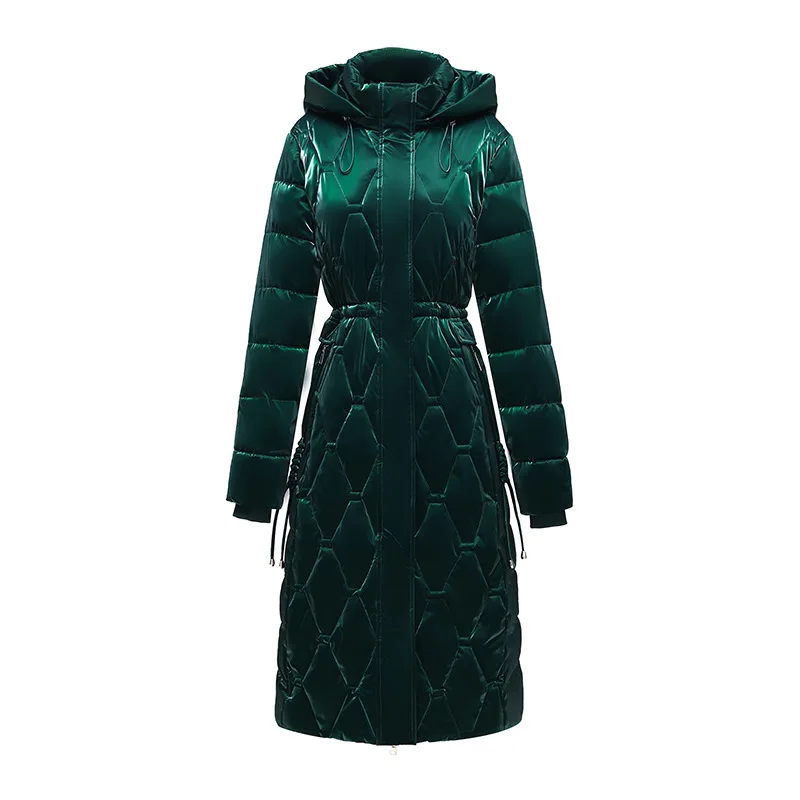 Women Hooded Parkas Coats Mid Lenth Jackets Solid Zipper Pocket Cinched Waist Glossy Long Sleeves Slim Thick Casual 2025 Winter