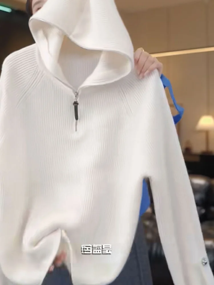 เสื้อคลุมไหมพรมมีฮู้ดสำหรับผู้หญิง ฤดูใบไม้ร่วง ฤดูหนาว แขนยาว สวมหัว สไตล์ลำลอง แฟชั่น ดีไซน์ซิป ไซส์ใหญ่ ใส่เป็นเสื้อตัวในได้