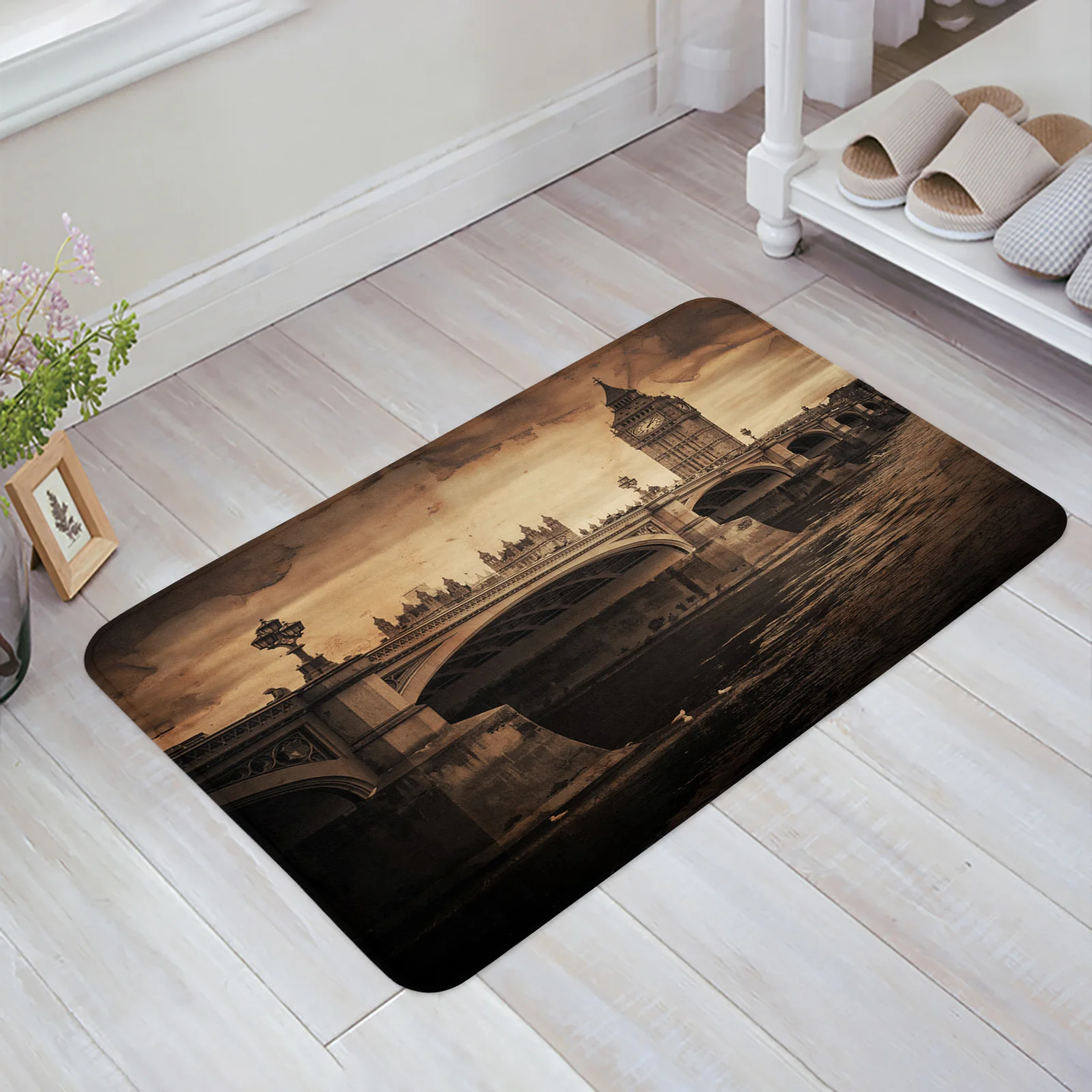 

River Sky Building Clock Retro Floor Mat Entrance Door Mat Living Room Kitchen Rug Non-Slip Carpet Bathroom Doormat Home Decor