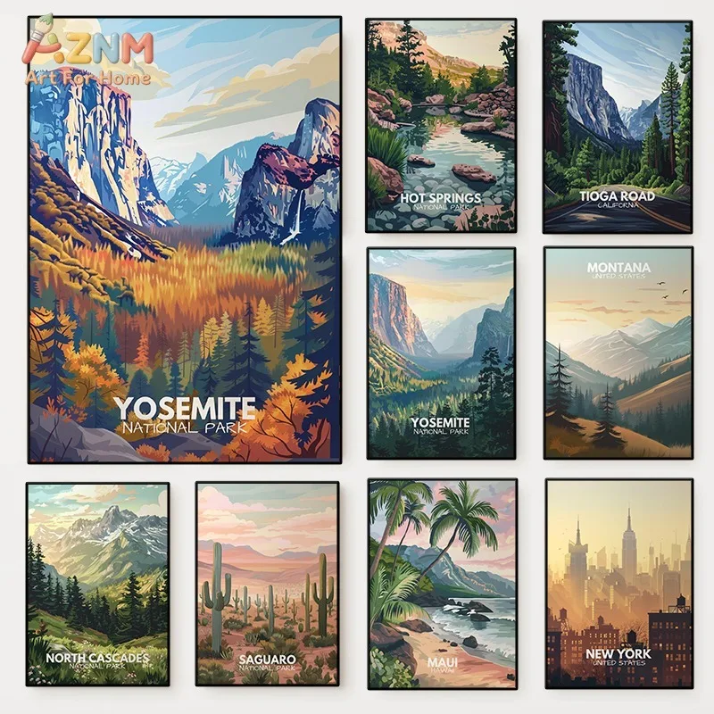 AZNM Vintage US National Park City Landscape Canvas Print Yosemite Maui New York Desert Mountain Travel Scenery Wall Poster Unfr