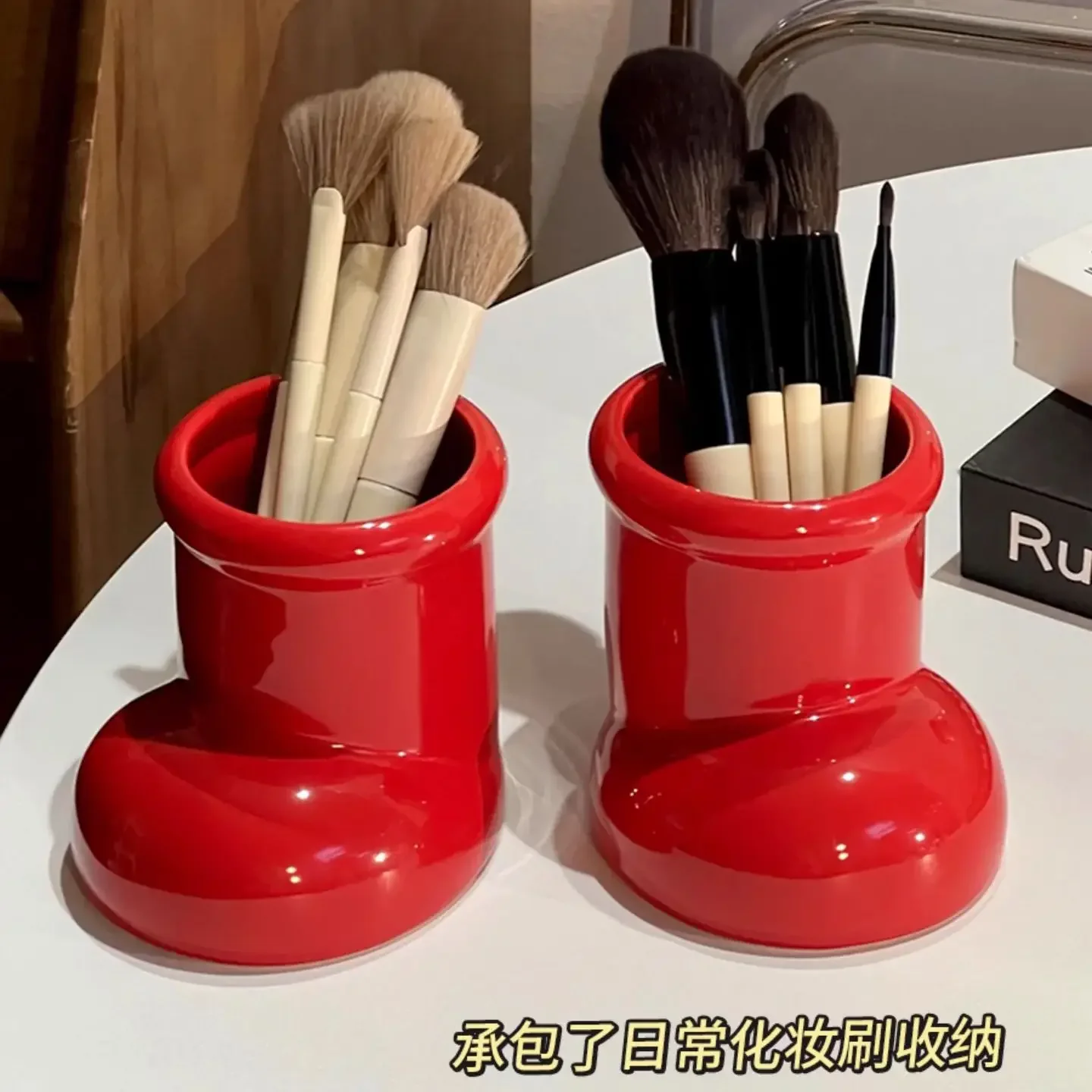 Cute Little Red Boots Instagram Pen Holder Plastic High Beauty Student Desktop Retro Vase Multi Functional Makeup Brush Storage