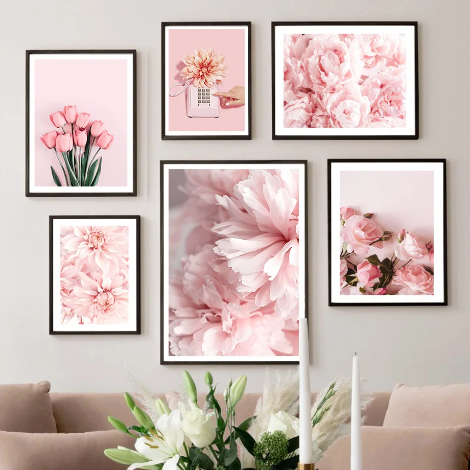 Frameless canvas paintings,Pink Flowers Peony Rose Daisy Phone Wall Art Canvas Painting Nordic Posters And Prints Pictures For L