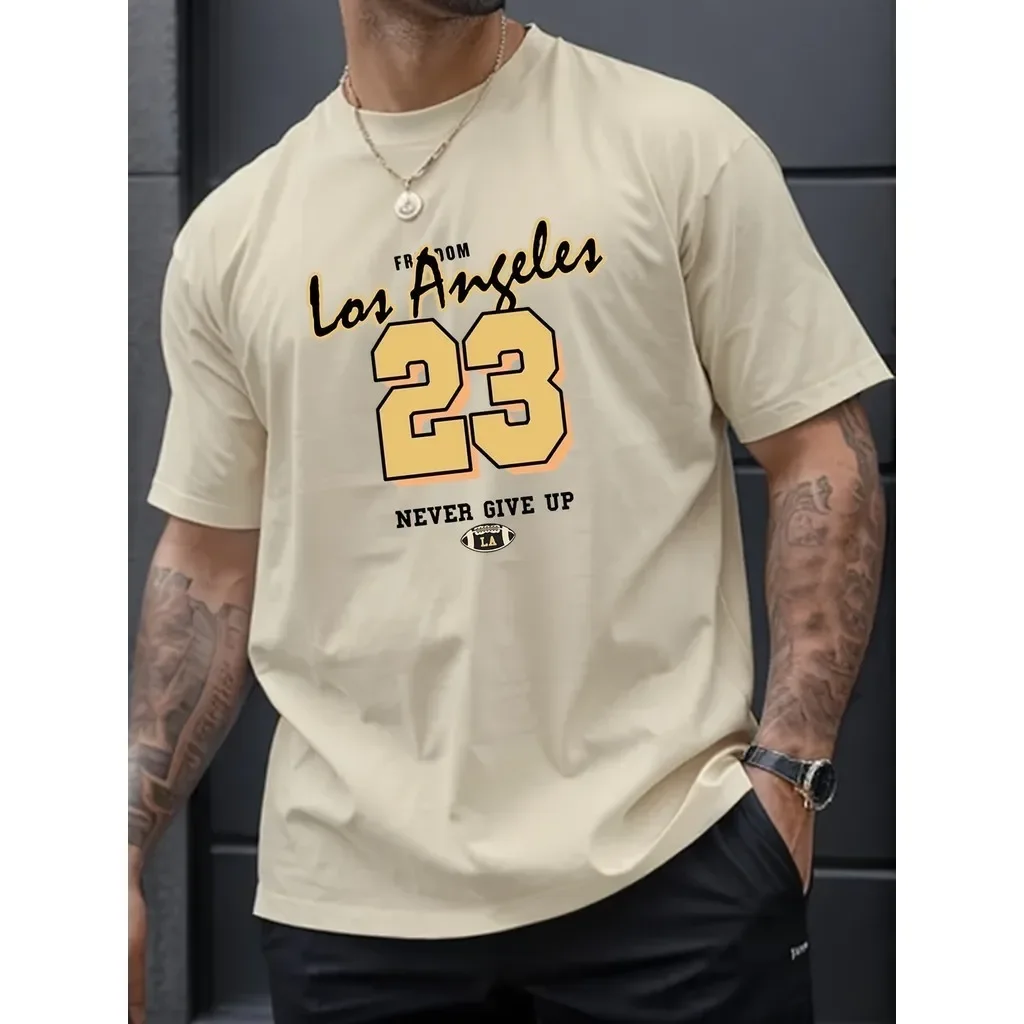 

Los Angeles 23 Graphic Men's Short Sleeve T-shirt, Comfy Stretchy Trendy Tees For Summer, Casual Daily Style Fashion Clothing