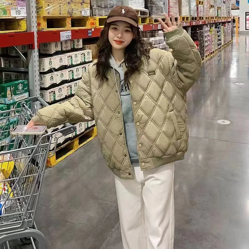 Winter Women's Jaet Thiened Cotton Padded Quilted Diamond Pattern Cotton Coat Simple Sle Commute Pure Color ort Length