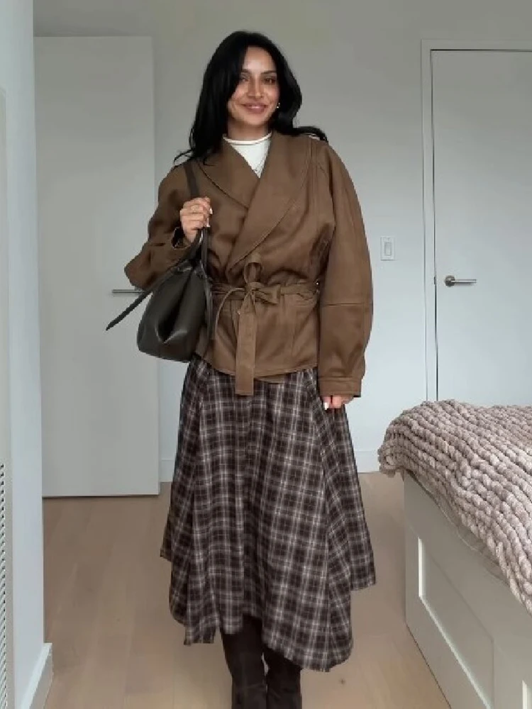 Vintage Plaid High Waist Midi Skirt Chic Irregular Asymmetrical Hem A-line Brown Checkered Skirt Lady Daily Casual Streetwear