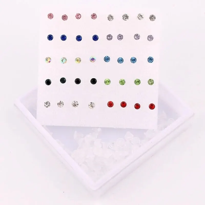 20 Pairs Of Random Delicate Simple And Small Colorful Rhinestones Wild Small Fresh Stud Earrings White Boxed Jewelry Set