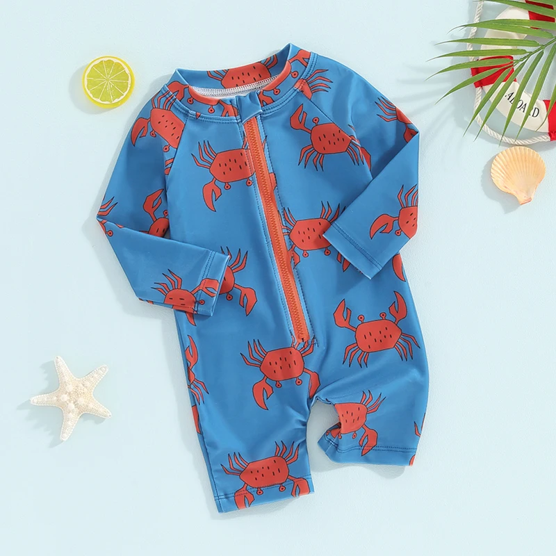 Baby Toddler Boy  Swimsuit Fish Crab Print Long Sleeve Zipper Sunsuit Bathing Suit UPF 50 Sun Protection Rash Guard