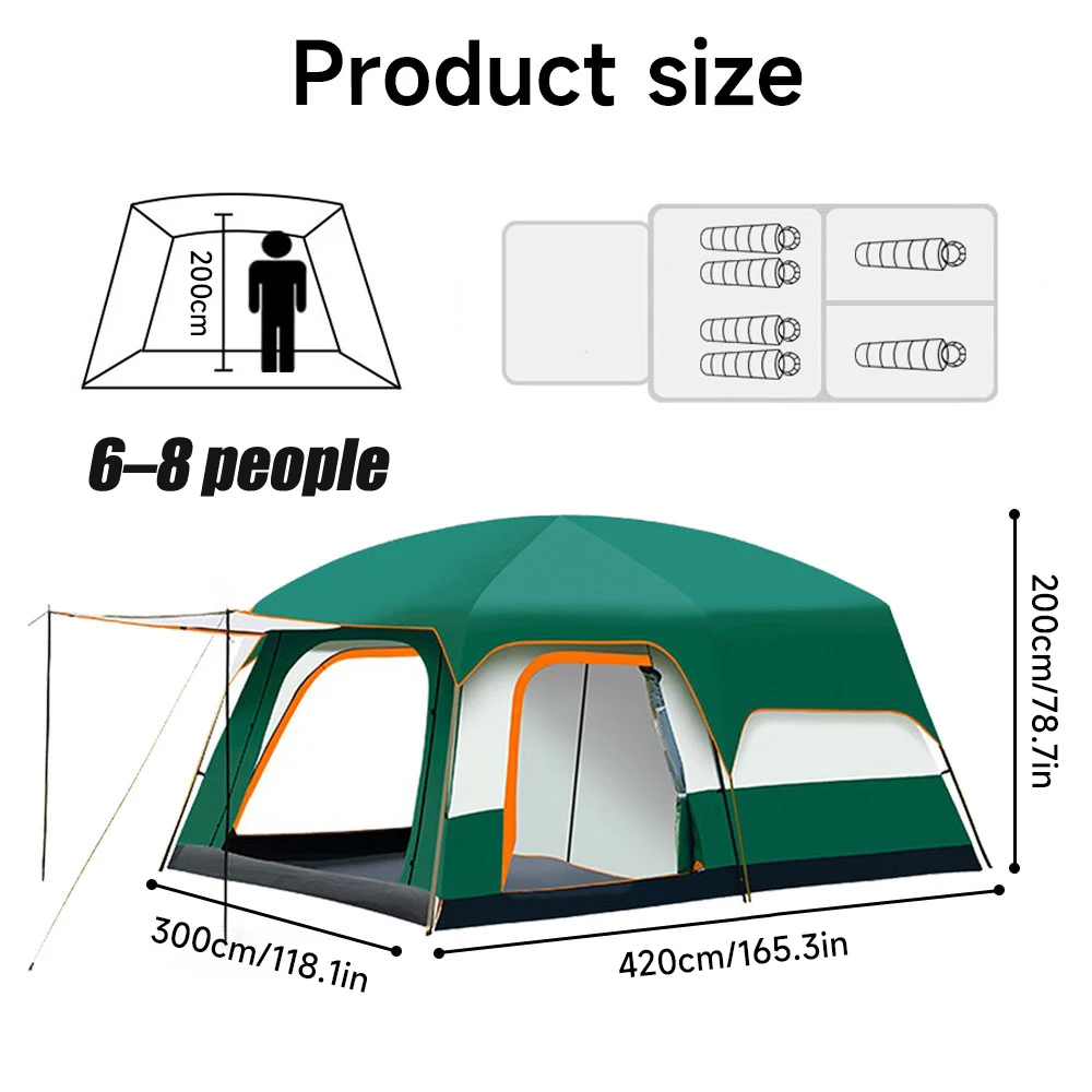 Tragbare Outdoor-Zelte für Camping, großes Familienzelt mit Räumen für 2-8 Personen, wasserdicht, Ein-Zimmer- und Ein-Wohnzimmer-Design für Camping, Wandern, Reisen