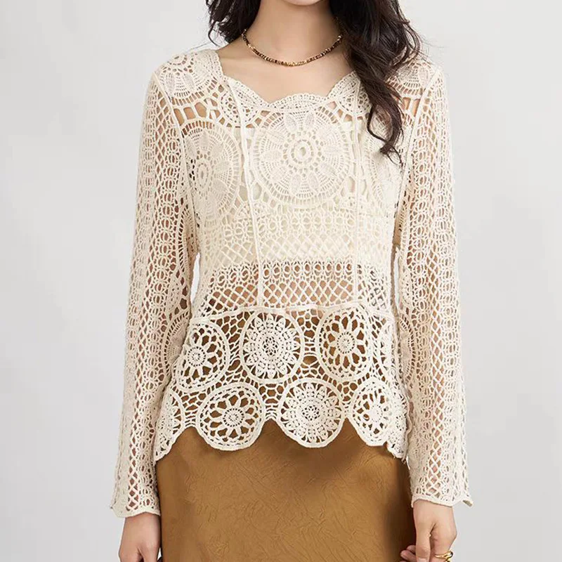 

Aprioct Elegant Embroidery Hollow Lace Pullover Top 006