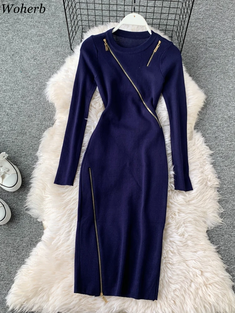 Zipper Knitted Woman Dress O-neck Vintage Tunic Temperament Robe Femme Slim Waist Bodycon Mini Dresses 2025 Vestidos De Mujer