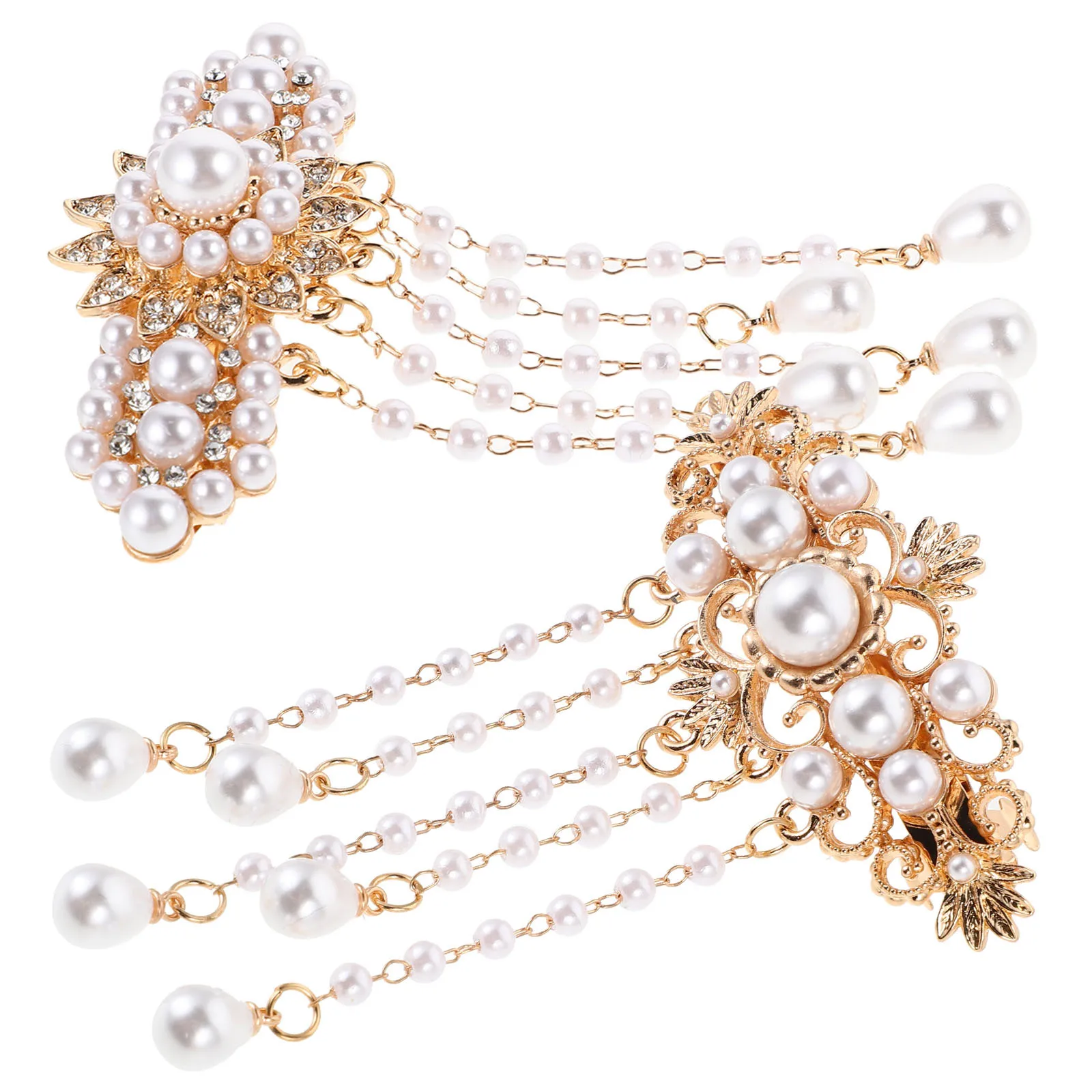 

2Pcs Vintage Chinese Style Rhinestone Pearl Tassel Hair Clips Small Spring Flower Hair Barrettes Ideal Wedding Daily