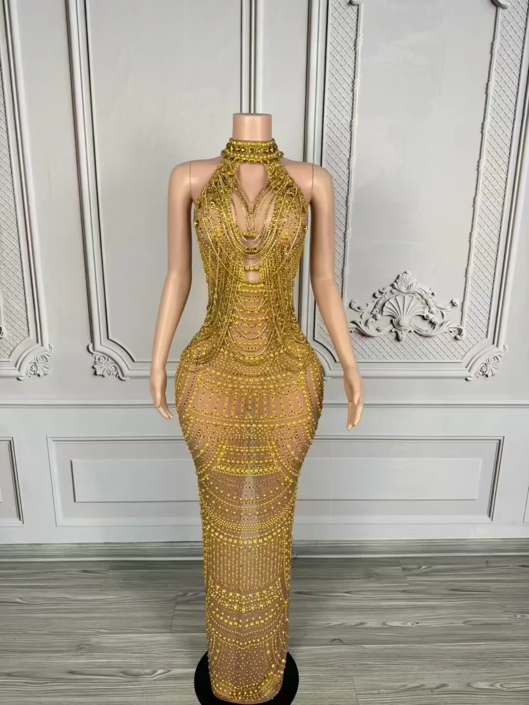 Luxury Pearl Chain Blue Black Nude  Rhinestones Dress Women Sexy Mesh Dress Singer Stage Wear Wedding Birthday Photoshoot Dress