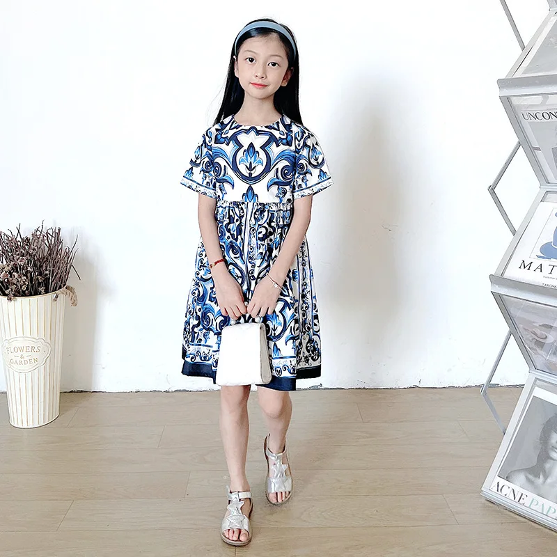 New children's skirt girls blue and white porcelain dress sleeveless suspender European and American style children's clothing 4