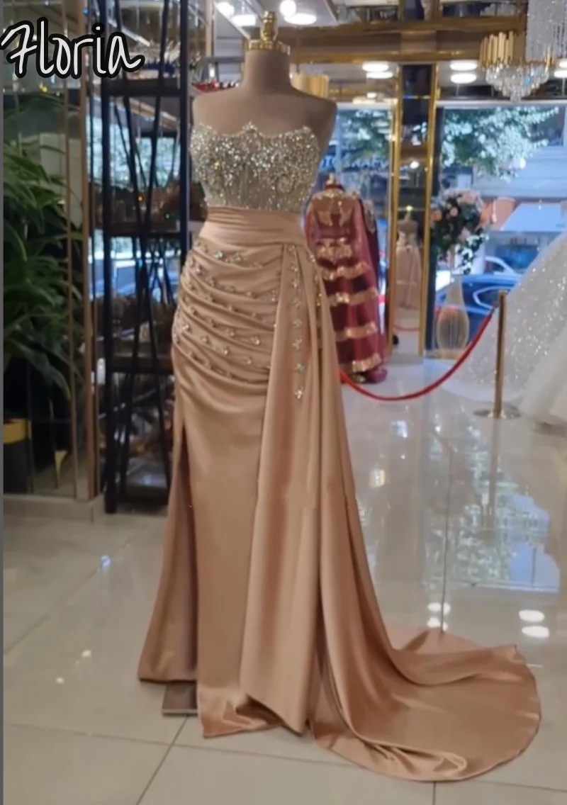 

Elegant Satin Off The Shoulder Mermaid Evening Dresses With Side Sweep Train Crystal Formal Party Dress With Sparkly Details
