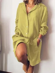 New Fashion Plus Size Women Long Shirt Blouse Autumn Cotton Linen Women's Shirt Dress Temperament Commuting Casual Dresses Femal
