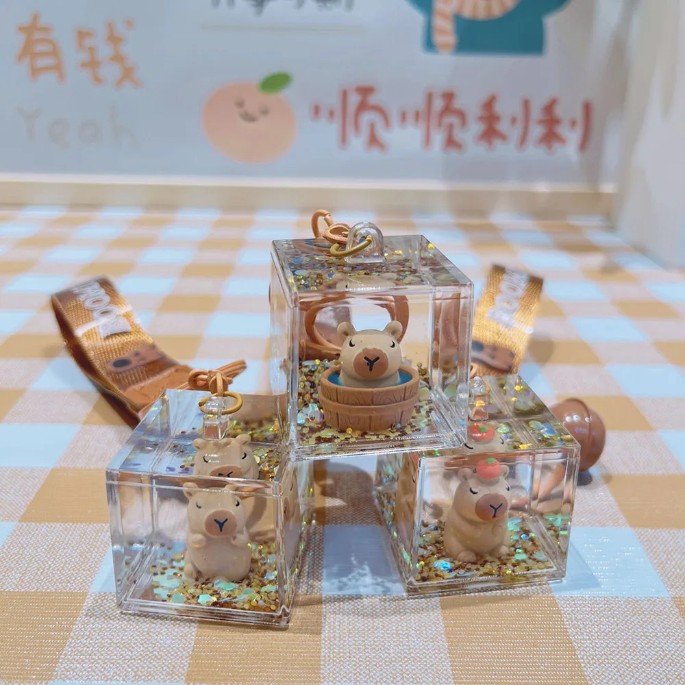 الإبداعية كابيبارا الرمال المتحركة مربع المفاتيح لطيف الكرتون الاكريليك مكعب الرمال المتحركة جرس حقيبة قلادة المفاتيح هدية