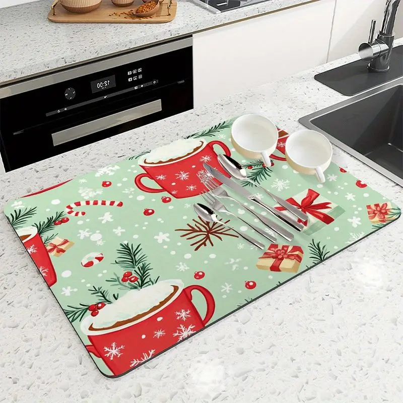VIKAMA Christmas Dish Drying Mat Mint Green Red Mug Candy Cane Gift Box Pine Sink Mat Kitchen Pad Christmas Holiday Decor