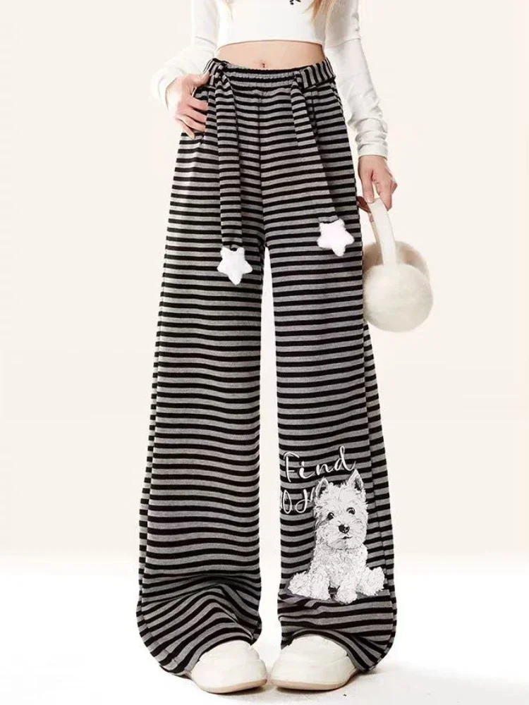 

Korean Style Dog Print Sweatpants Sporty Chic Striped Wide Leg Baggy Pants Autumn Joggers Women Star Drawstring Trousers Kawaii