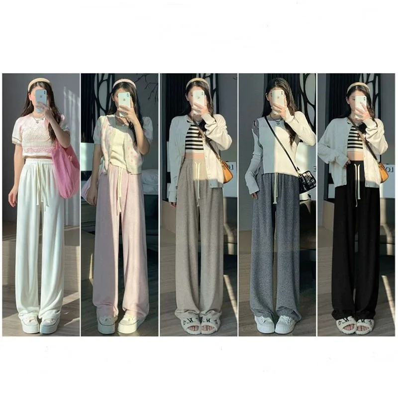 2025 الكاكي الكشمير بنطال ذو قصة أرجل واسعة المرأة عادية مستقيم الساق نسخة ضيقة لينة شمعي قطرة متماسكة السراويل النساء