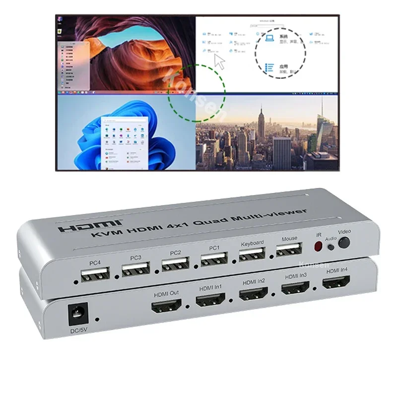 4-Port HDMI KVM Quad Multiviewer 4 in 1 out 1080P HDMI Multi Viewer USB Switch 4x1 Support Mouse Keyboard for PC Loptop Monitor