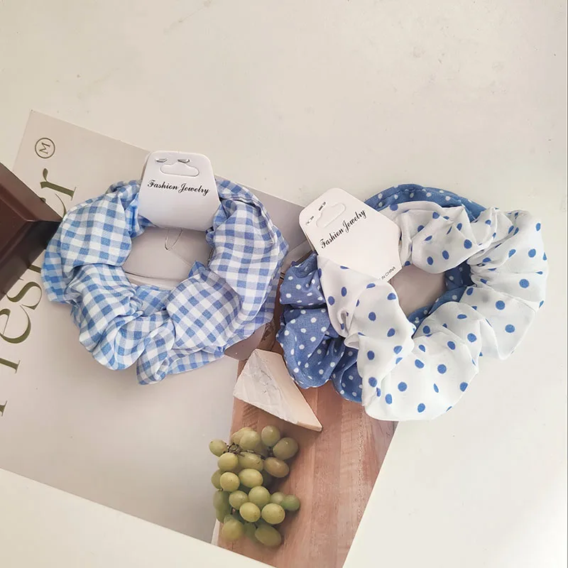 2pc Cute Blue College Plaid Elastic Hair Bands Rope Ties for Girls Women Headband Hair Accessories Ponytail Holer Scrunchies