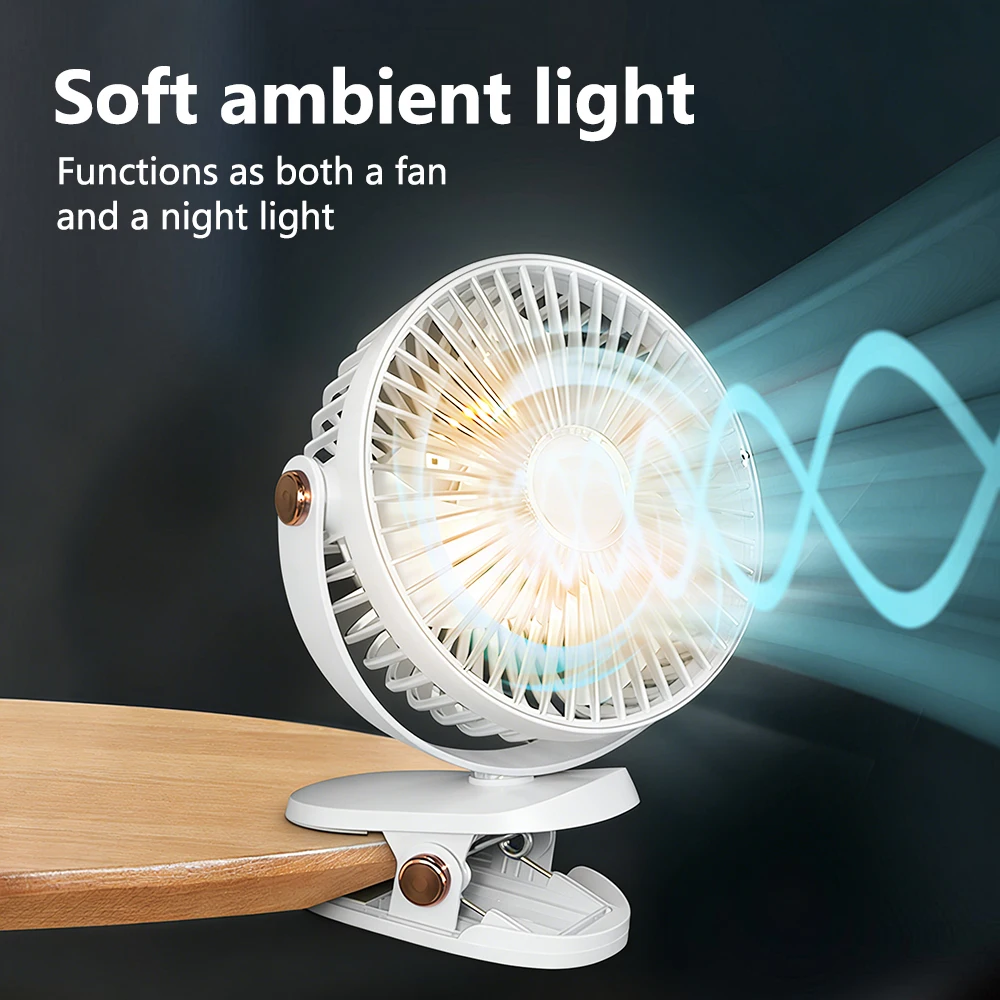Portable Mini Desktop Clip Fan with LED Night Light and 360°Rotation USB Rechargeable Quite Home Table Fan for Office Bedroom view 5