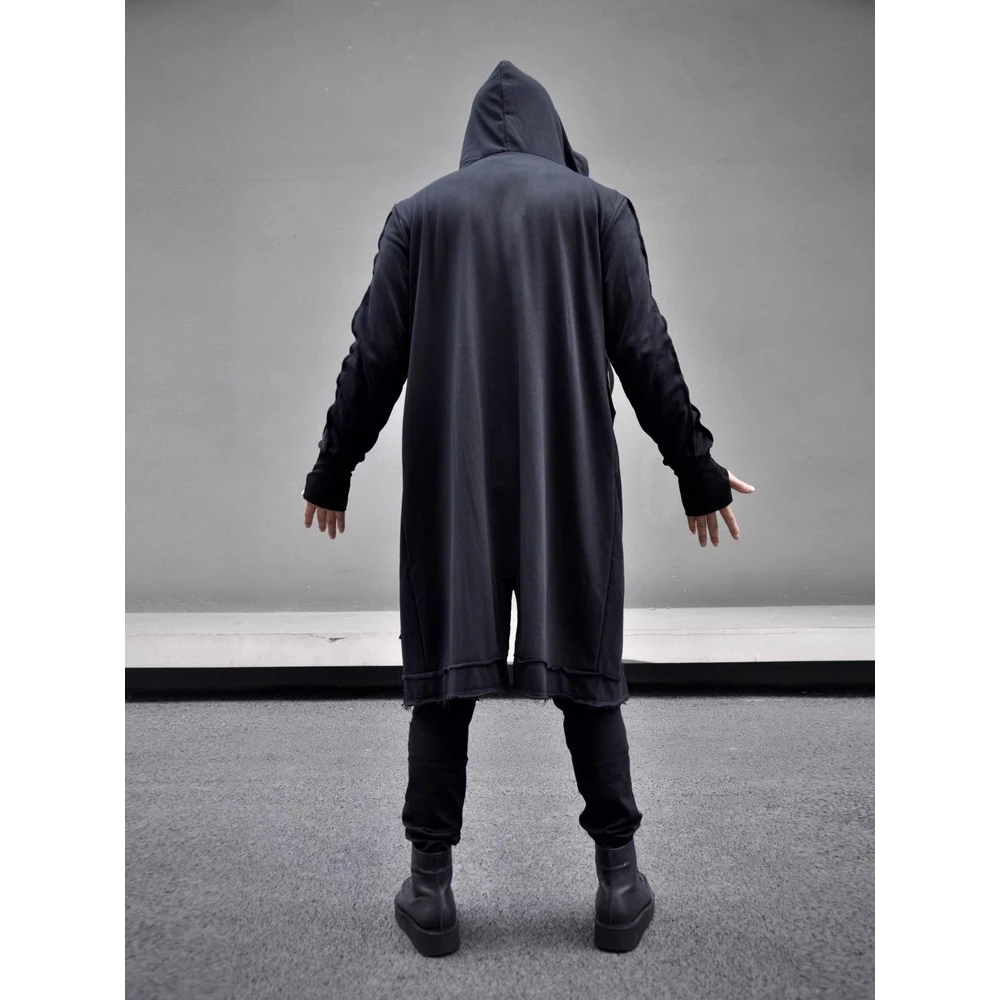 Men's Fake two Trench Jacket Windbreaker Men Gothic Punk Streetwear Long Jacket Coat Function Hoody Clothes Black