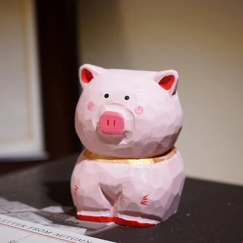 Handmade Wooden Carved Fortune Pig With Gold Collar Figurines Cute Cartoon Animal Office Desk Entrance Bookshelf Decor Ornament