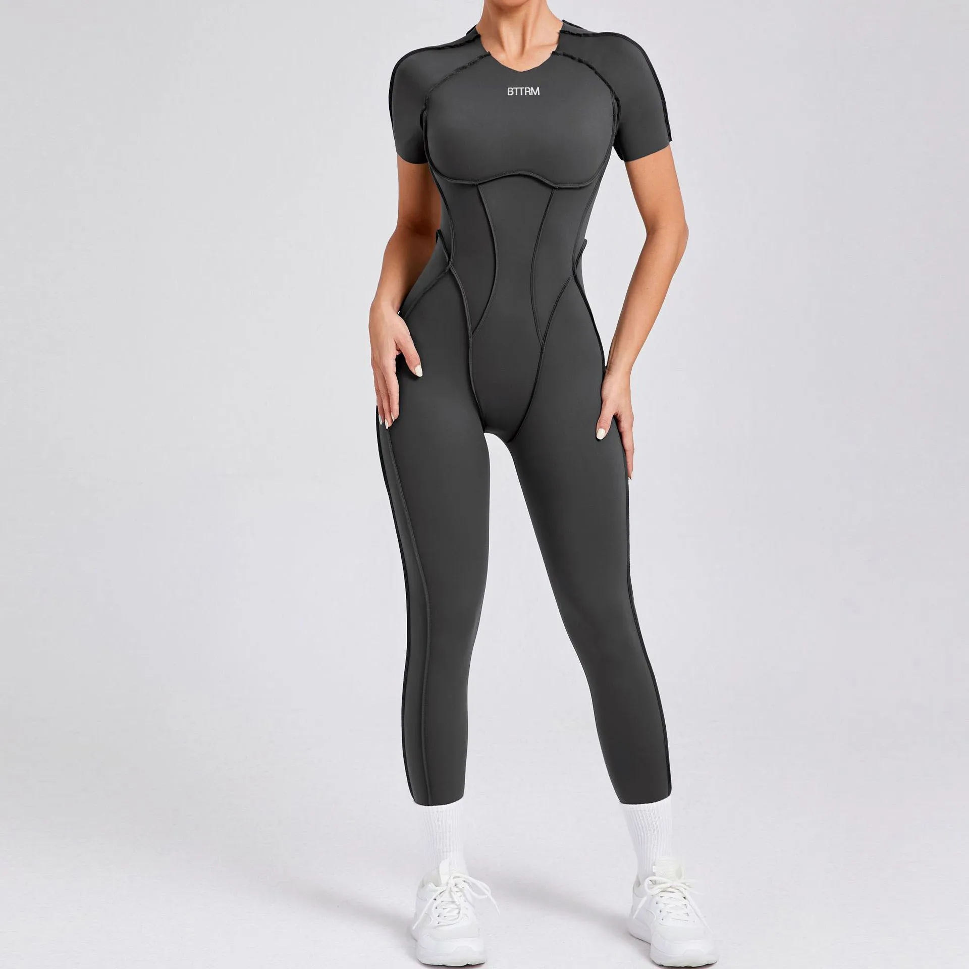 

BetterMe Women's One-Piece Suit Zipper Short Sleeve Gym Push Up Workout Clothes Fitness Short Bodysuit Sportswear Jumpsuits