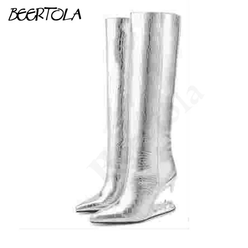 Women's Tooth Shaped Heel Silver Boots Pointed Plaid Fashion High Boots Designer Large Size Fashion Casual Special Women's Boots