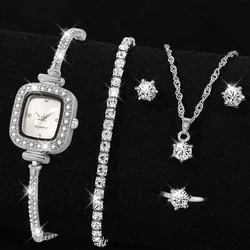 6PCS/Set Silver Women Watch Fashionable Square Diamond Dial Quartz Wristwatch Alloy Strap Watch Jewelry Set Gift For Women