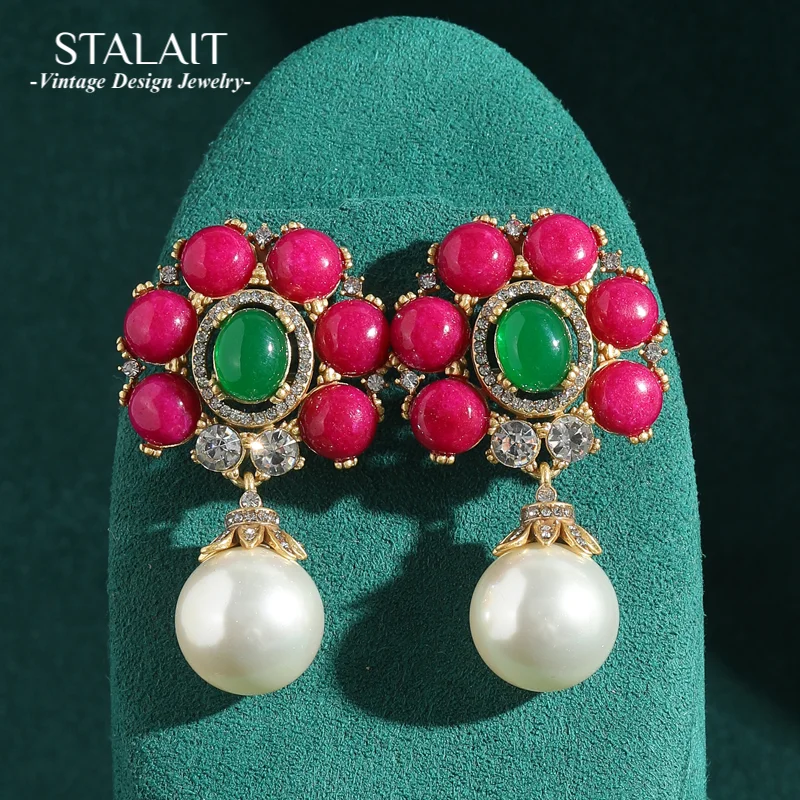 

Vintage Palace Pink Stone Flower Earrings Drop With Pearl Luxury Designer Antique Women'S Jewelry Accessories Wedding 2025 Trend