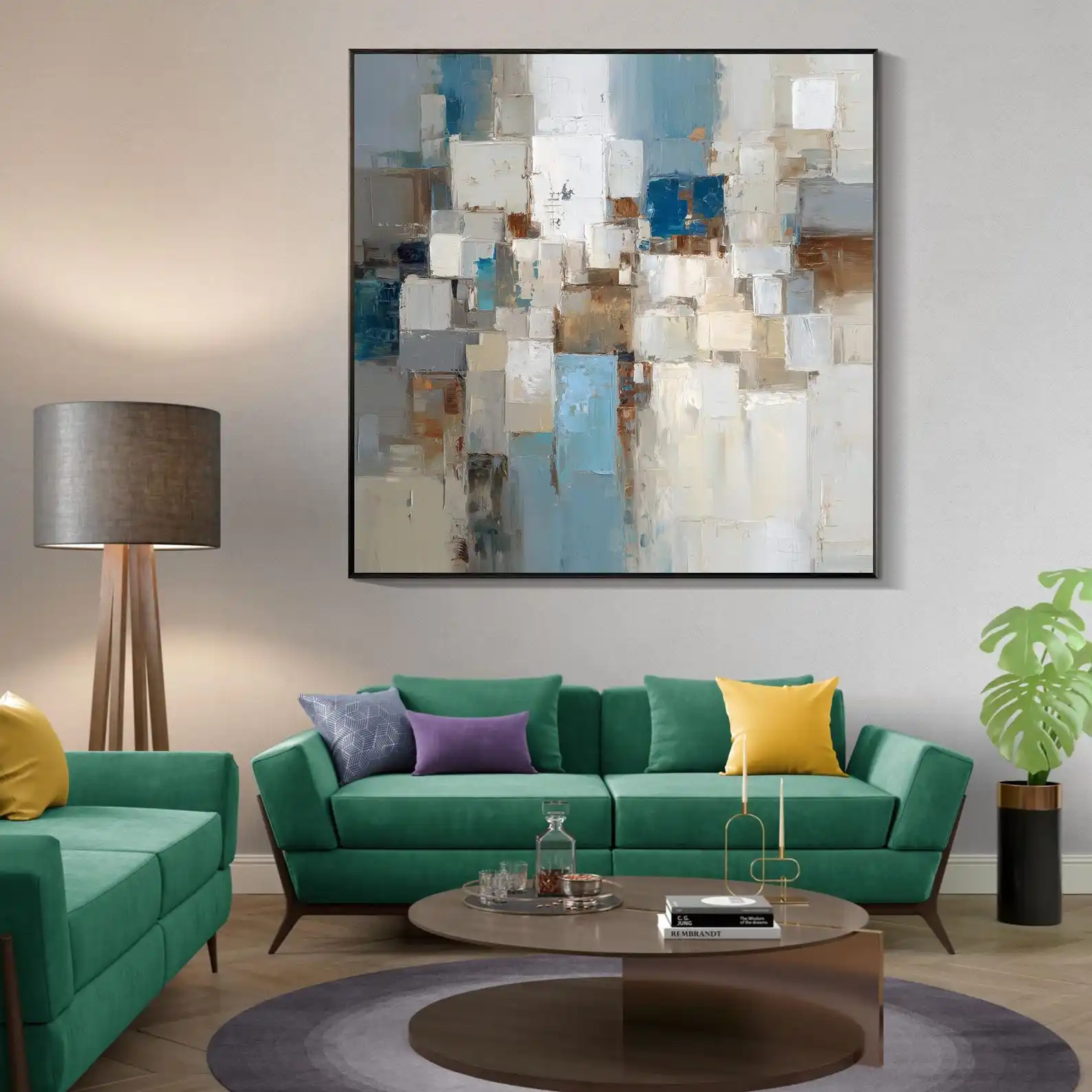 Mhemyo Original Neutral Abstract Oil Painting Hand Painted Textured Canvas Beige Blue Geometric Wall Art Large Modern Home Decor