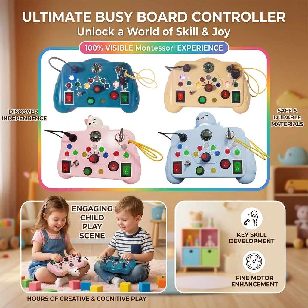 Montessori Busy Board Sensory Toys Cartoon with LED Light Switch Control Board Travel Activities Children Game for Kid