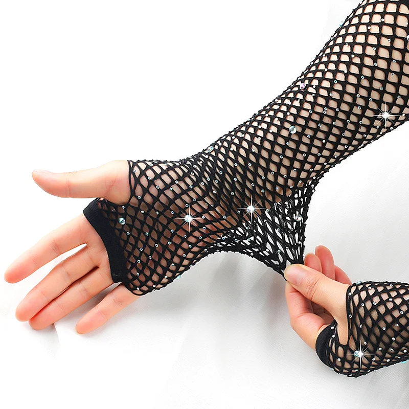 Women Flash Mesh Rhinestone Long Gloves Arm Sleeves Fishnet Fingerless Elastic Hollow Out Stage Performance Mittens