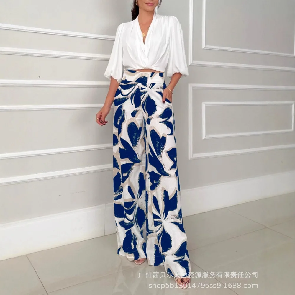 

Pant Set Women Two Piece Sets V Neck Half Sleeve Matching Sets Tops Wide Leg Long Pants High Waist Print Y2k Streetwear Work